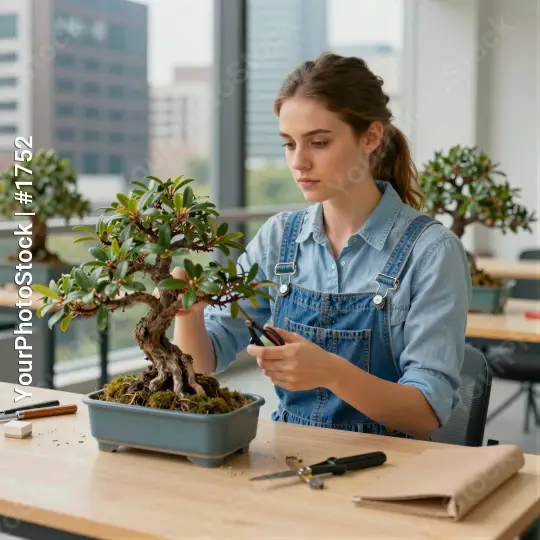 Young Woman Trimming Bonsai Plant workshop denim dungaree