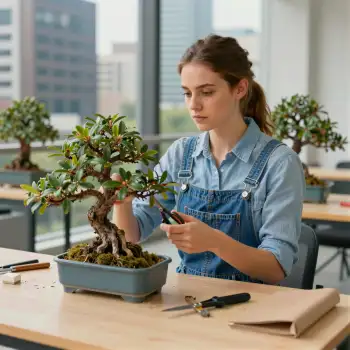 Young Woman Trimming Bonsai Plant workshop denim dungaree