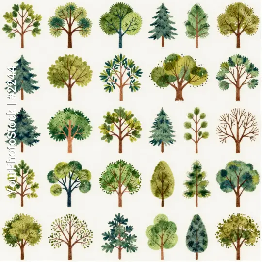 20 Unique Hand-Drawn Trees in Watercolor Style