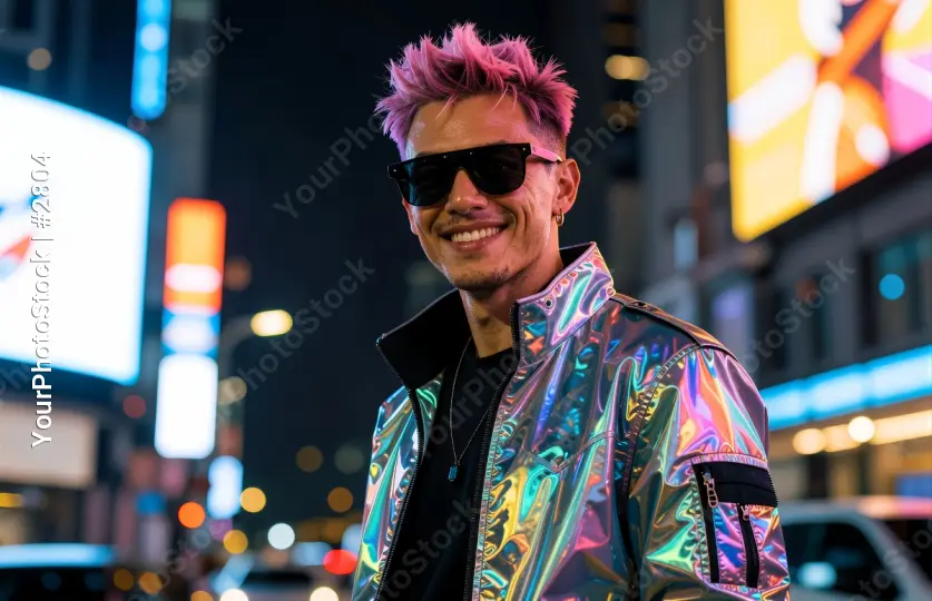 Urban Nightlife Scene with Colorful Neon Lights and Man in Vivid Jacket cyberpunk