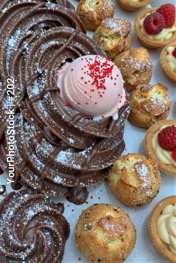 Chocolate Swirl Cake with Pink Ice Cream and Pastries