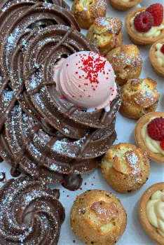 Chocolate Swirl Cake with Pink Ice Cream and Pastries