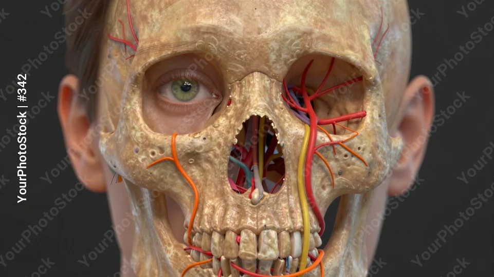 Close-up of a realistic light-colored human skull with red and orange