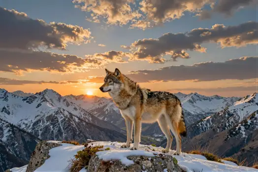 Wolf on Mountain Peak at Sunset sunrise snowy