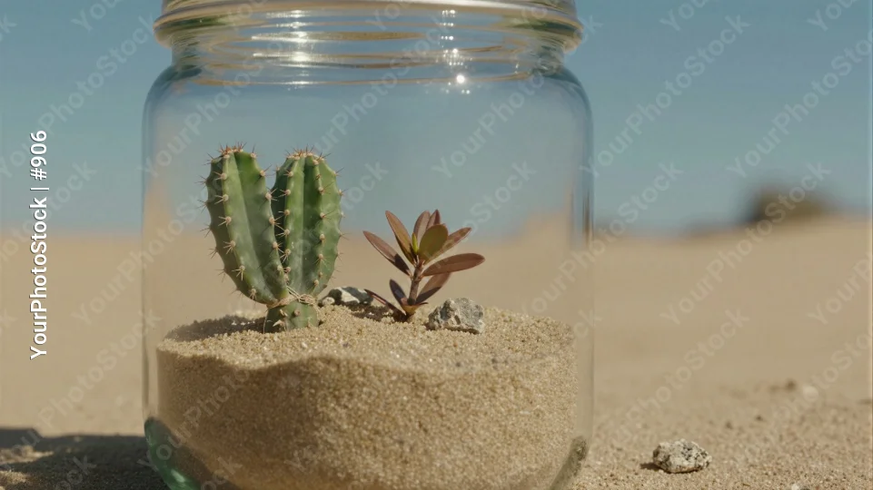Green Cactus in Glass Jar on Sandy Surface succulent