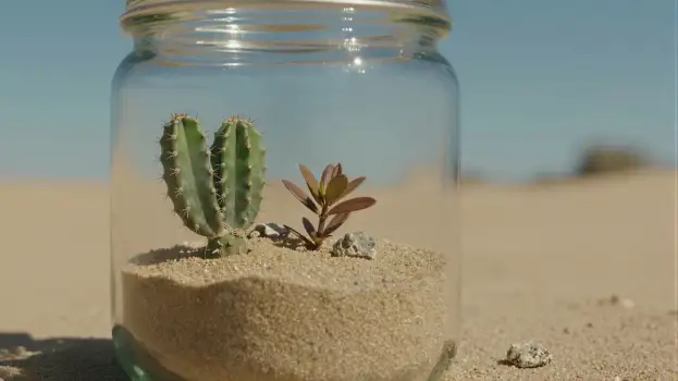 Green Cactus in Glass Jar on Sandy Surface succulent