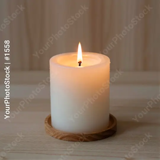 Lit White Candle on Wooden Surface center peaceful