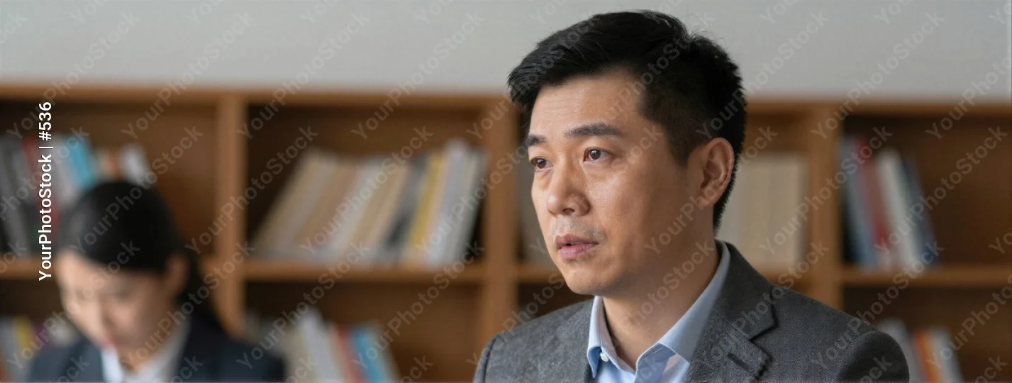 Man in Suit Thinking in Library bookshelf serious expression asian man