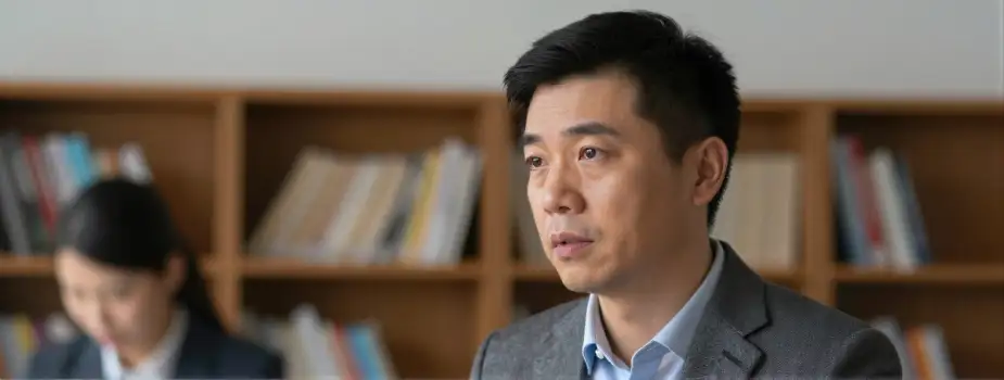 Man in Suit Thinking in Library bookshelf serious expression asian man