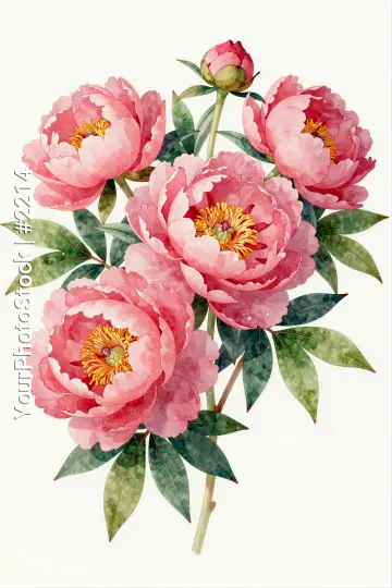 Pink Peonies Bouquet Watercolor Illustration full bloom