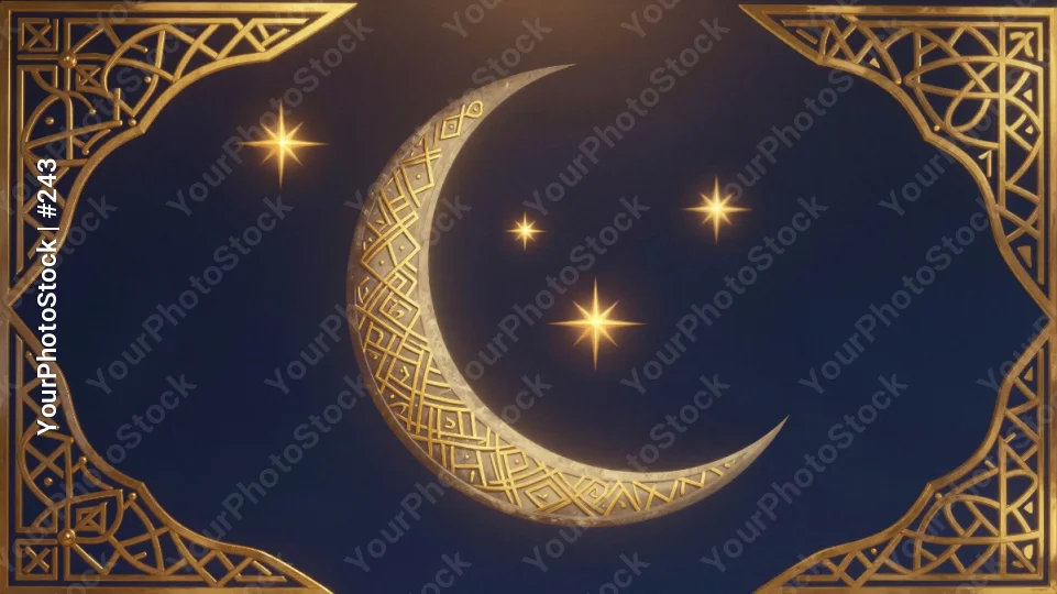 Crescent Moon with Golden Stars and Geometric Patterns