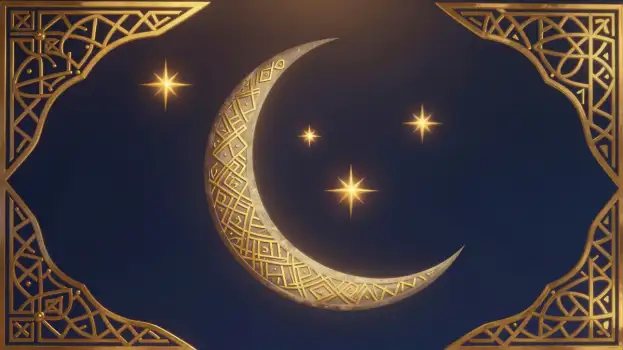 Crescent Moon with Golden Stars and Geometric Patterns