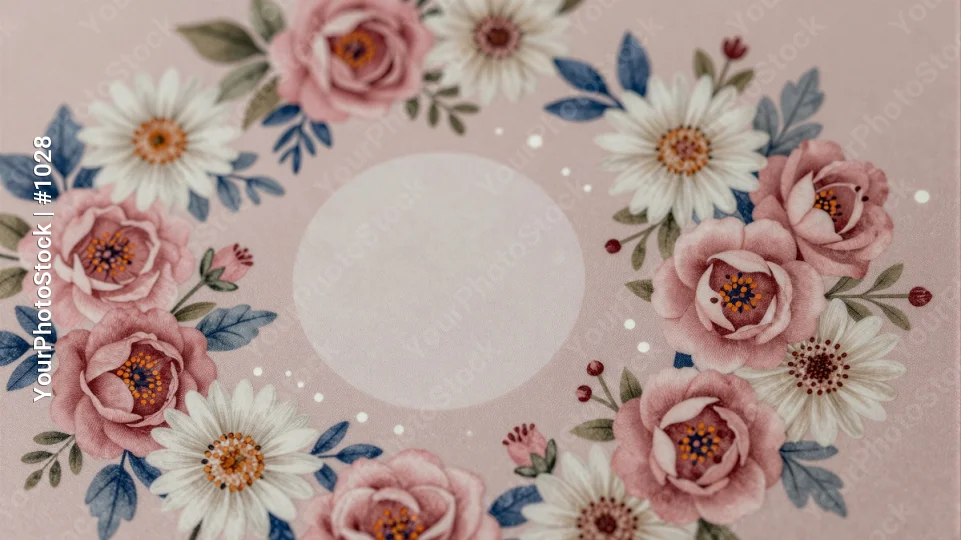 Delicate Pink Flower Frame with Blue Leaves and Red Berries
