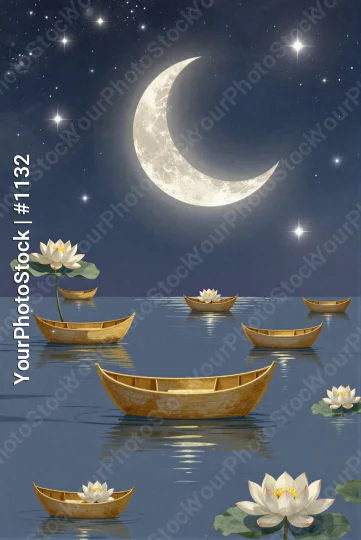 Crescent Moon and Stars Over Calm Water with Wooden Boats