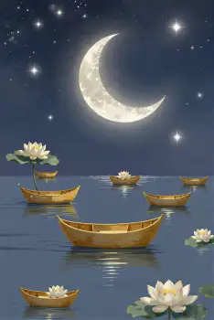 Crescent Moon and Stars Over Calm Water with Wooden Boats