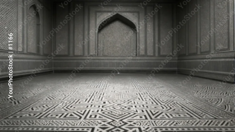 Empty Room with Geometric Tiled Floor and Intricate Stone Walls