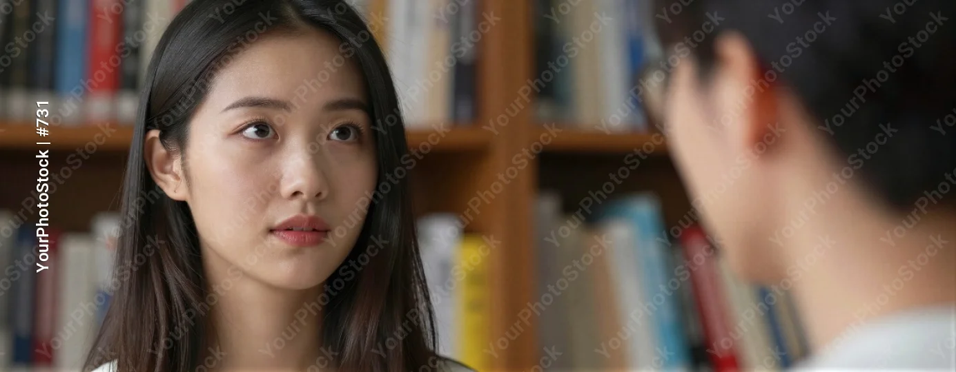 Serious Woman Deep in Thought in Front of Bookshelf