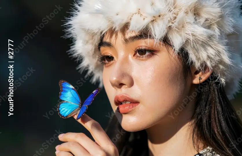 Stylish Woman with Blue Butterfly asian young woman