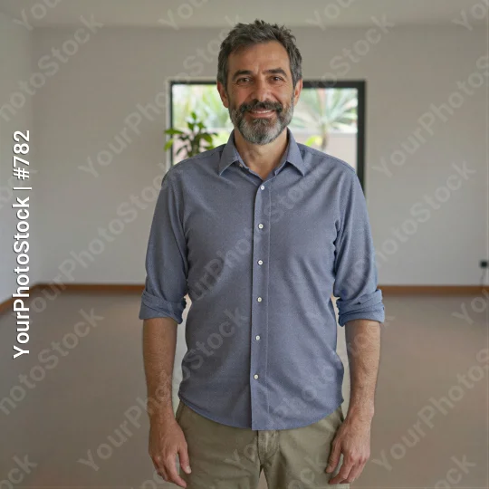 Middle-aged man smiling in an empty room corporate headshot