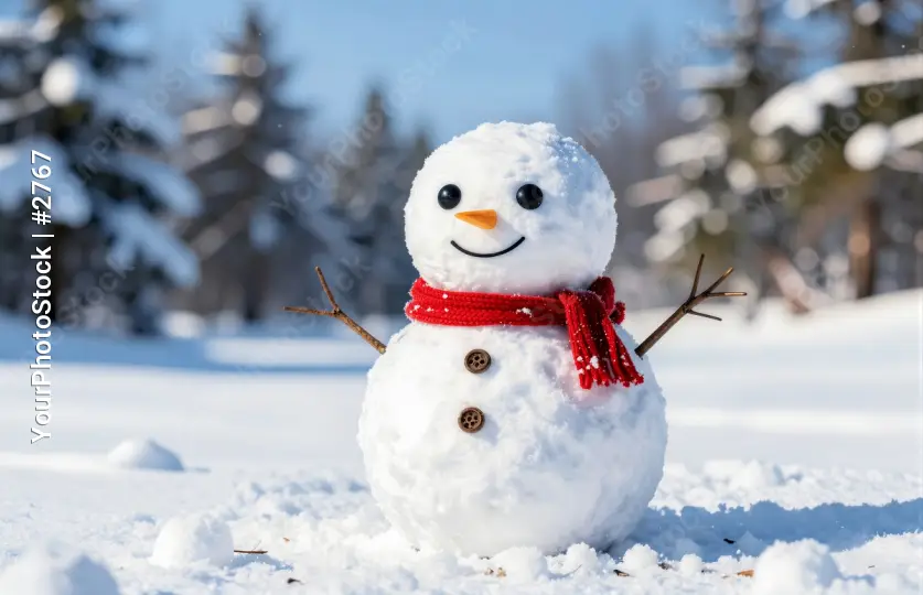 Snowman with Red Scarf and Smiley Face in Snowy Landscape christmas character
