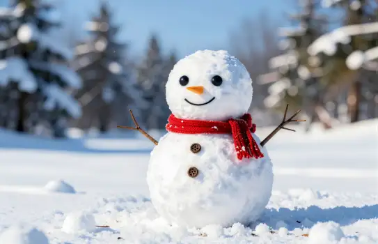 Snowman with Red Scarf and Smiley Face in Snowy Landscape christmas character