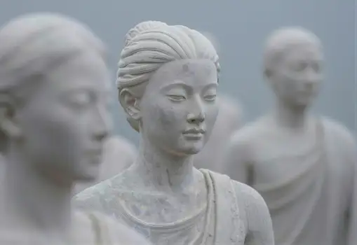 Close-up of Three White Marble Statues of Women