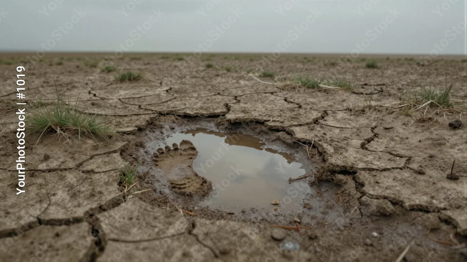 Dry cracked ground with water puddle in desert