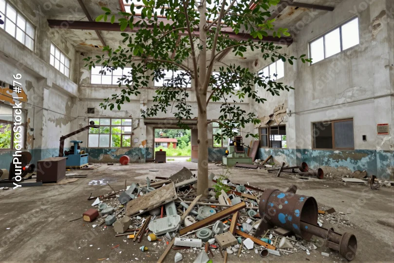 Abandoned Industrial Building with Tree urban decay