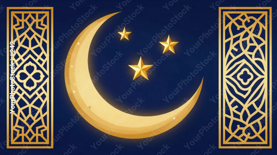 Crescent Moon with Golden Stars and Ornate Panels