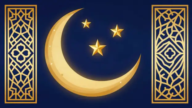 Crescent Moon with Golden Stars and Ornate Panels