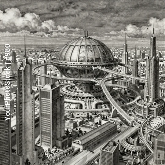 futuristic cityscape with dome structure skyscrapers