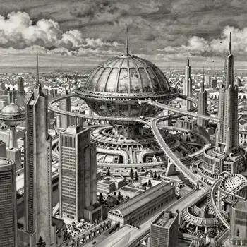futuristic cityscape with dome structure skyscrapers