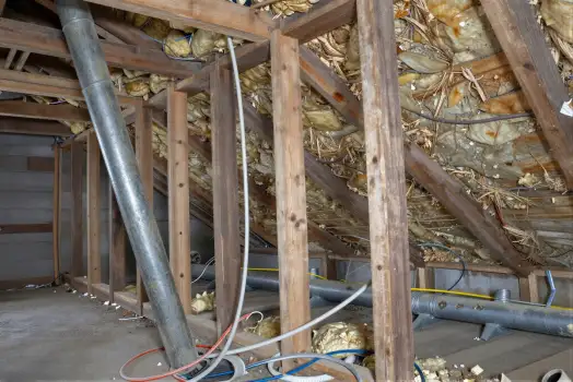 unfinished attic interior with wooden beams and insulation