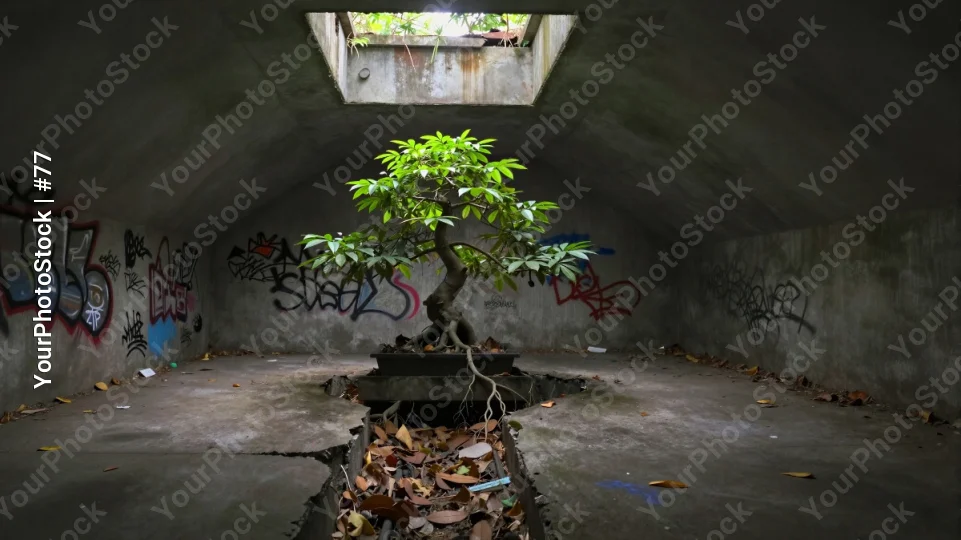 Abandoned Underground Room with Bonsai Tree graffiti