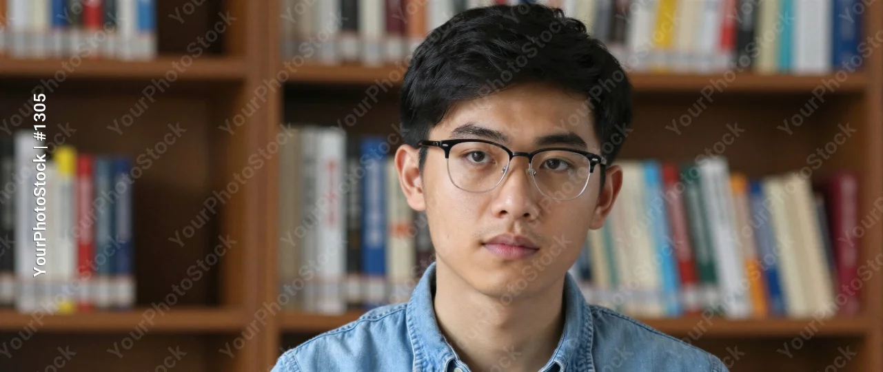 Serious Young Man in Front of Bookshelf serious expression