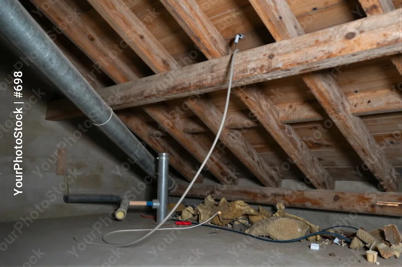 Attic with Wooden Beams and Metal Pipe ceiling fan