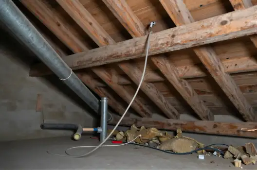 Attic with Wooden Beams and Metal Pipe ceiling fan