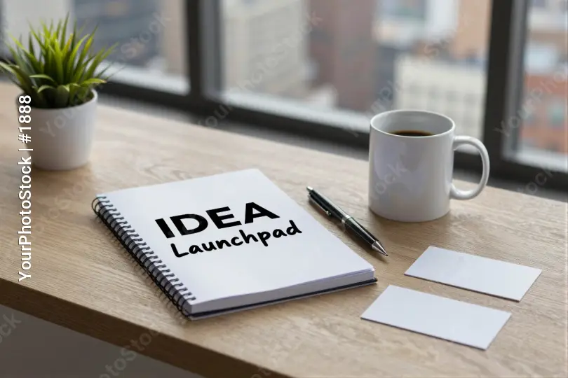 Modern Wooden Desk with Idea Launchpad Notebook