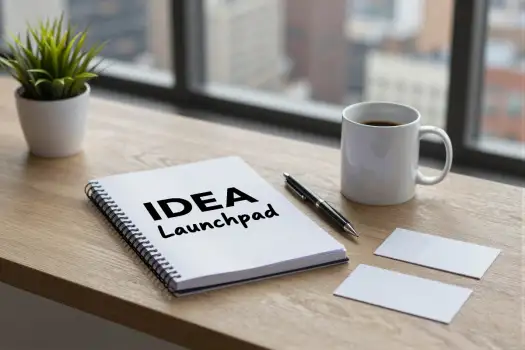 Modern Wooden Desk with Idea Launchpad Notebook