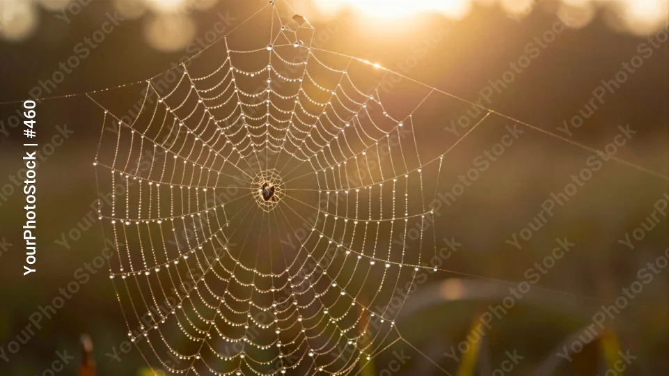 Spider Web with Glistening Water Droplets intricate in sunset
