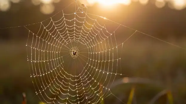 Spider Web with Glistening Water Droplets intricate in sunset