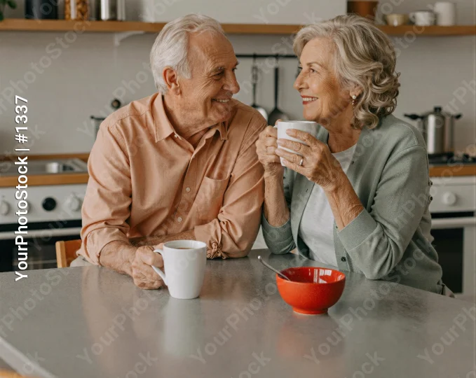 Elderly Couple Enjoying Coffee at Kitchen Table man and woman old