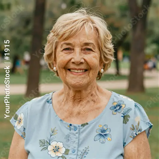 Elderly Woman Smiling in Park, Floral Blouse short blonde hair