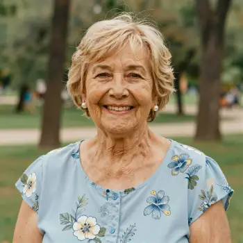 Elderly Woman Smiling in Park, Floral Blouse short blonde hair