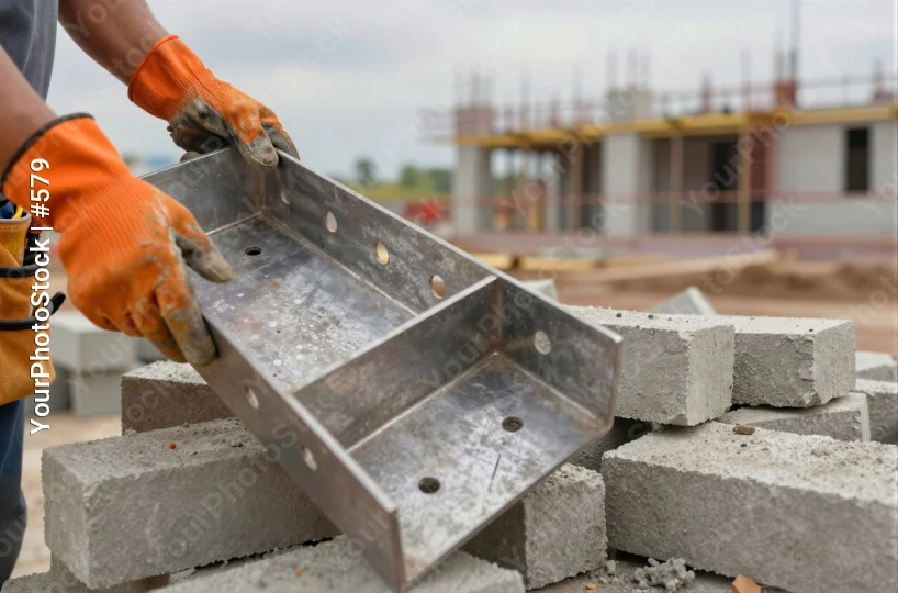Construction Worker Placing Metal Tray on Site