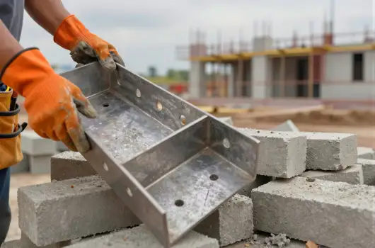 Construction Worker Placing Metal Tray on Site
