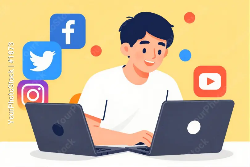 Young Man Working at Desk with Laptops social media