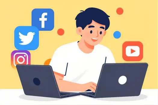 Young Man Working at Desk with Laptops social media