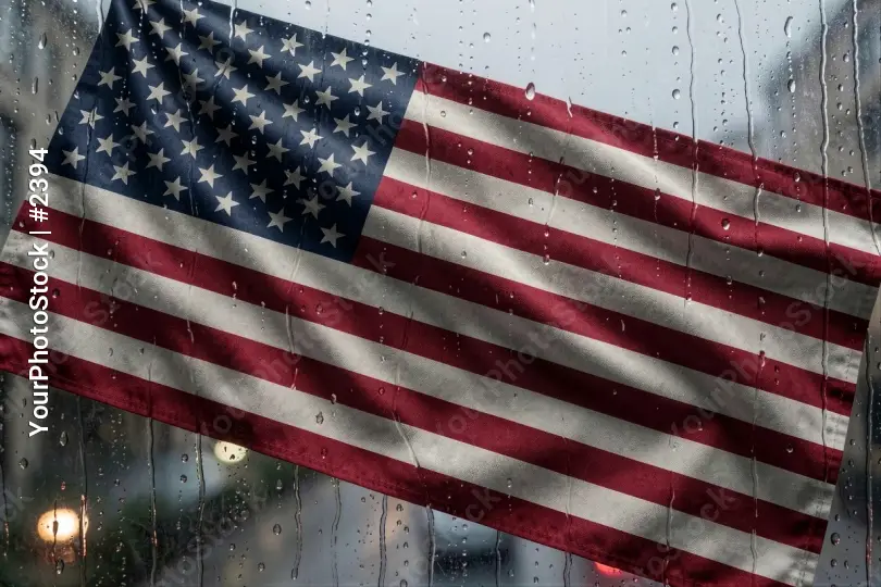 USA United States Flag Hanging on Window with Rain waving
