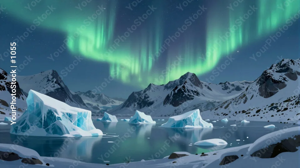 Snowy Mountain Range with Aurora Borealis and Icebergs